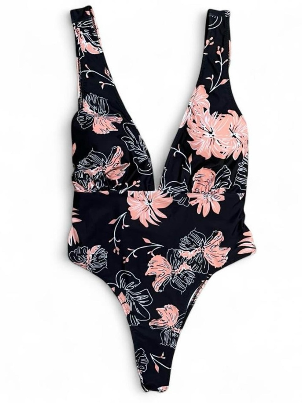 HILINKER Floral Deep V One-Piece Swimsuit - Black & Peach